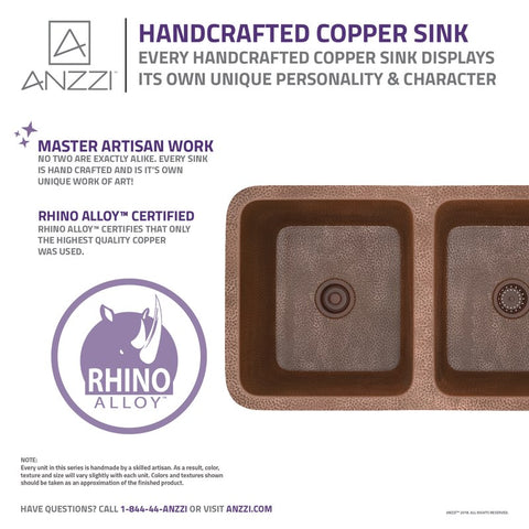 ANZZI Eastern Drop-in Handmade Copper 32 in. 0-Hole 50/50 Double Bowl Kitchen Sink in Hammered Antique Copper