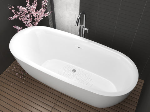 Ami Series 67 in. x 30 in. Flat Bottom Acrylic Freestanding 91 Gallon Soaking Bathtub with Center Drain in Glossy White