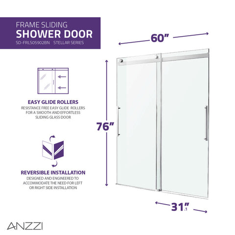 SD-FRLS05902BN - Stellar Series 60 in. x 76 in. Frameless Sliding Shower Door with Handle in Brushed Nickel