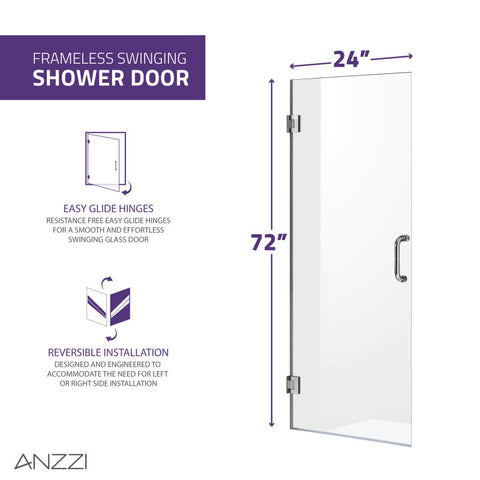 ANZZI Fellow Series 24 in. by 72 in. Frameless Hinged Shower Door with Handle