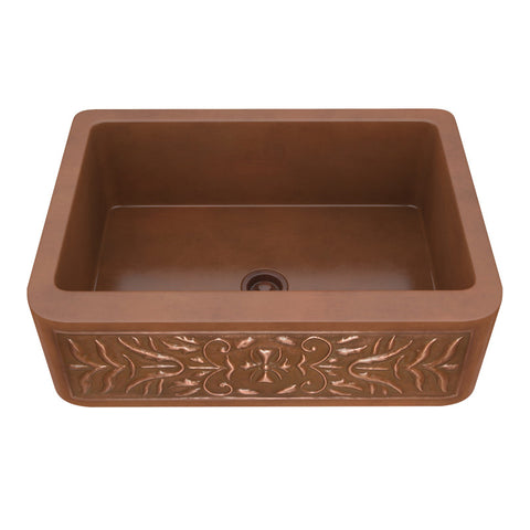 K-AZ253 - ANZZI Orchard Farmhouse Handmade Copper 30 in. 0-Hole Single Bowl Kitchen Sink with Flower Design Panel in Polished Antique Copper