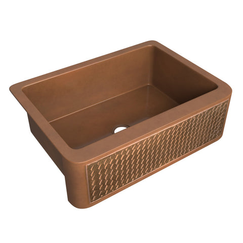 ANZZI Edessa Farmhouse Handmade Copper 30 in. 0-Hole Single Bowl Kitchen Sink with Weave Design Panel in Polished Antique Copper