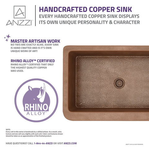 ANZZI Miletus Farmhouse Handmade Copper 33 in. 0-Hole Single Bowl Kitchen Sink in Hammered Antique Copper