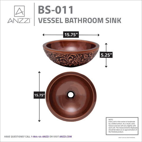 ANZZI Theban 16 in. Handmade Vessel Sink in Polished Antique Copper with Floral Design Exterior