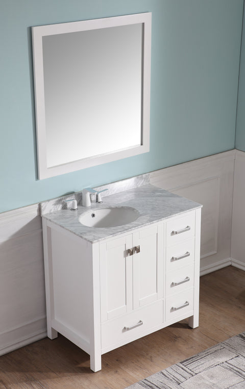 ANZZI Chateau Series 36 in. W x 22 in. D Bathroom Bath Vanity Set in White with Carrara White Marble Top with White Sink and Mirror
