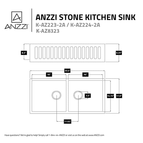 ANZZI Roine Farmhouse Reversible Apron Front Solid Surface 35 in. Double Basin Kitchen Sink