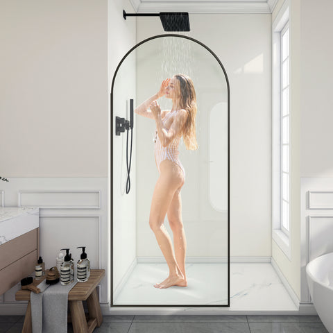 Ember Series 78 in. x 34 in. Framed Arch Fixed Shower Screen Door with 8mm Tempered Clear or Fluted Glass