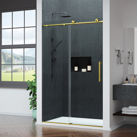 Mountain 48 in Reversible Frameless Sliding Glass Shower Door with Soft-Close System and Brushed Gold Finish
