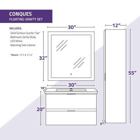 ANZZI 30 in. W x 20 in. H x 18 in. D Bath Vanity Set with Vanity Top in White with White Basin and Mirror