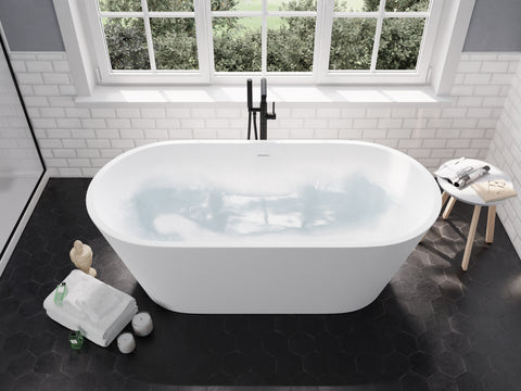 Roccia Series 61 in. x 31 in. Flat Bottom Solid Surface Freestanding Soaking Bathtub with Center Drain in Matte White