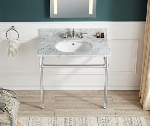 ANZZI Verona 34.5" Wall Mounted Console Sink (34" H), Scratch-Resistant Carrara White Stone Countertop, Ceramic Sink, Optional Frame Finishes