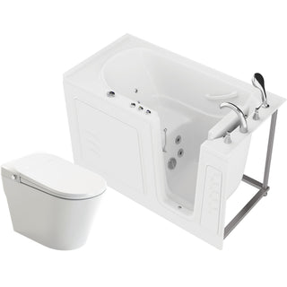 ANZZI Series 30 in. x 60 in. Right Drain Walk-In Whirlpool Tub with Fast Drain in White and Auto Flush Smart Bidet Toilet