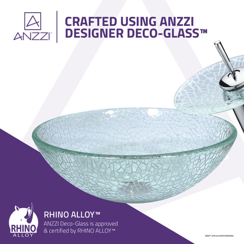 ANZZI Paeva Series Deco-Glass Vessel Sink in Crystal Clear Chipasi with Matching Chrome Waterfall Faucet