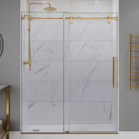ANZZI 60" x 76" Frameless Sliding Shower Door, 3/8" TSUNAMI GUARD Glass, Exposed Rollers and RHINO ALLOY Hardware, Brushed Gold