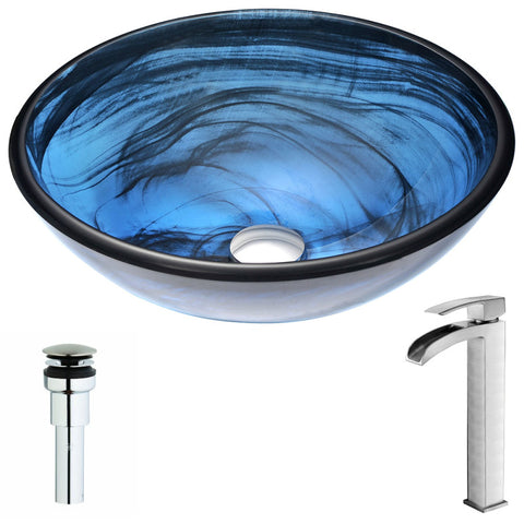 LSAZ048-097B - ANZZI Soave Series Deco-Glass Vessel Sink in Sapphire Wisp with Key Faucet in Brushed Nickel