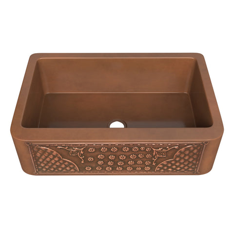 ANZZI Macedonian Farmhouse Handmade Copper 33 in. 0-Hole Single Bowl Kitchen Sink with Flower Bed Design Panel in Polished Antique Copper