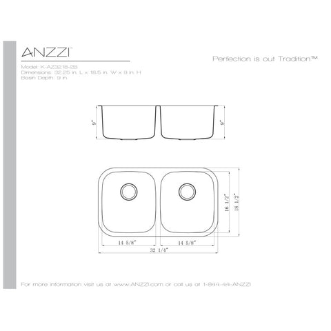 ANZZI Moore Undermount Stainless Steel 32 in. 0-Hole 50/50 Double Bowl Kitchen Sink in Brushed Satin