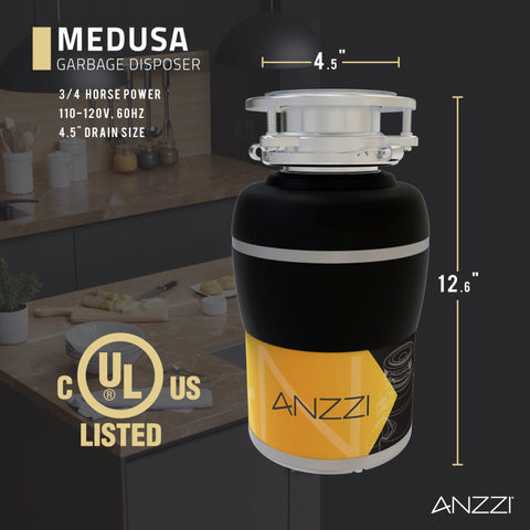 ANZZI ANZZI MEDUSA 3/4 HP Continuous Feed Compact Under-sink Garbage Disposal with Pre-installed Power Cord in Black Finish | GD-AZ234