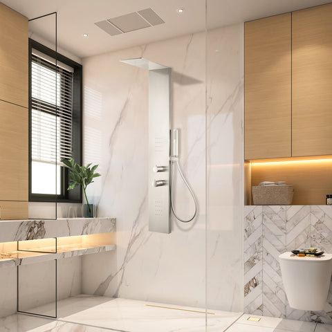 Collines Series 55 in. 2-Jetted Shower Tower in Brushed Nickel with Heavy Rain Shower, Spray Wand, and DIY Friendly