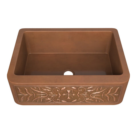 ANZZI Florina Farmhouse Handmade Copper 30 in. 0-Hole Single Bowl Kitchen Sink with Flower Design Panel in Polished Antique Copper