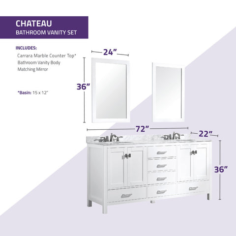 ANZZI Chateau 72 in. W x 22 in. D Bathroom Vanity Set with Carrara Marble Top with White Sink