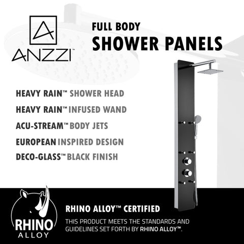 ANZZI Melody 59 in. 6-Jetted Shower Panel with Heavy Rain Shower and Spray Wand in Black Deco-Glass