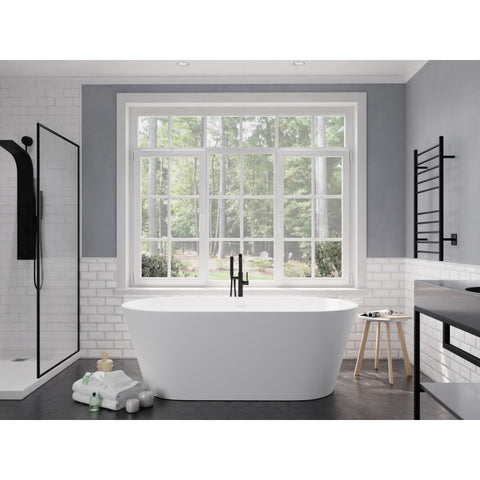 FT-AZ505 - ANZZI Roccia Series 61 in. x 31 in. Flat Bottom Solid Surface Freestanding Soaking Bathtub with Center Drain in Matte White