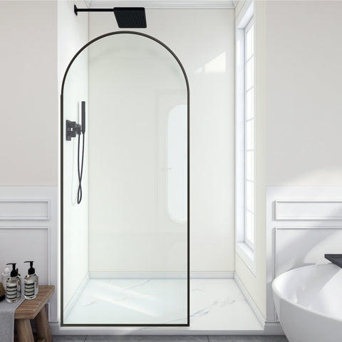 Ember Series 78 in. x 34 in. Framed Arch Fixed Shower Screen Door with 8mm Tempered Clear or Fluted Glass