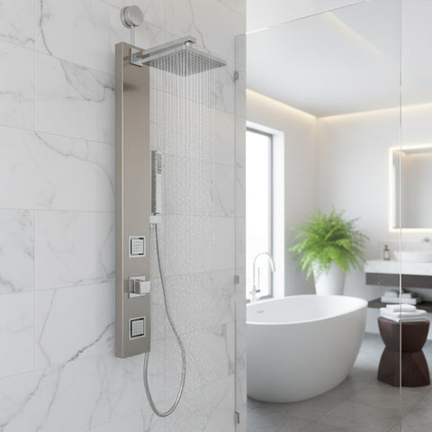 Dion Series 39 in. 2-Jetted Shower with Heavy Rain Showerhead and Spray Wand, Full Body Shower System in Brushed Nickel