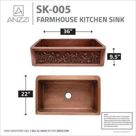 Mytilene Farmhouse Handmade Copper 36 in. 0-Hole Single Bowl Kitchen Sink with Floral Design Panel in Polished Antique Copper