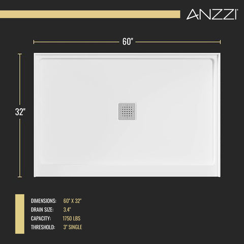 Alexander 60 in. L x 32 in. W Alcove Shower Pan Base with Center Drain in Glossy White Marine Acrylic