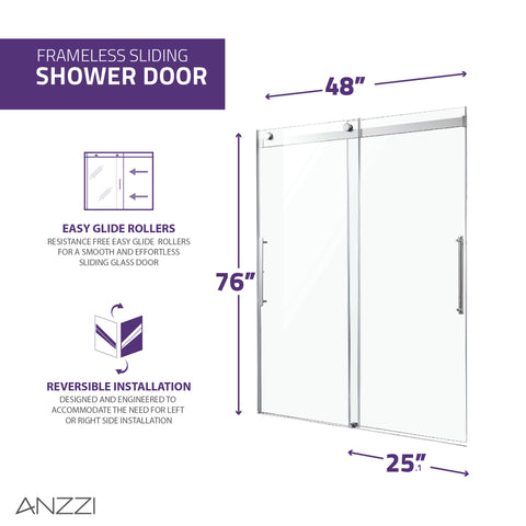 48 in. x 76 in. Frameless Sliding Shower Door with Handle in Chrome