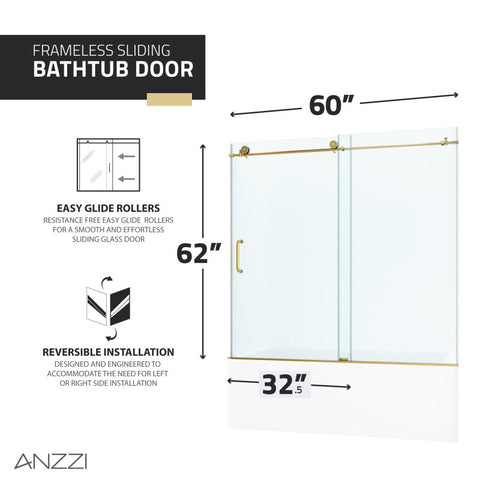 ANZZI Don Series 60 in. x 62 in. Frameless Sliding Tub Door