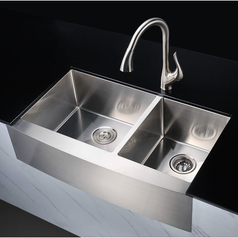 K-AZ3620-3A - Elysian Farmhouse Stainless Steel 36 in. 0-Hole 60/40 Double Bowl Kitchen Sink in Brushed Satin