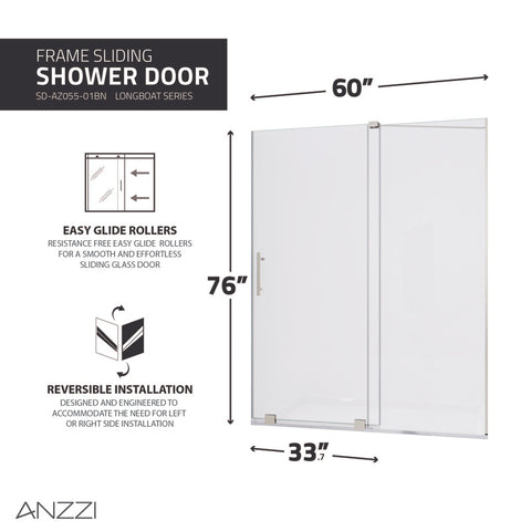 ANZZI Longboat Series 60 in. x 76 in. Semi-Frameless Shower Door with TSUNAMI GUARD