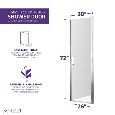 ANZZI Lancer 29 in. x 72 in. Semi-Frameless Shower Door with TSUNAMI GUARD