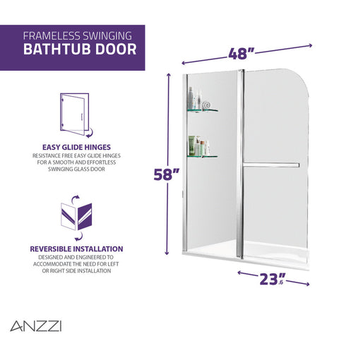 ANZZI Galleon 48 in. x 58 in. Frameless Tub Door with TSUNAMI GUARD