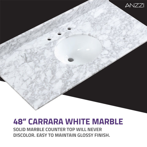 ANZZI Chateau 48 in. W x 22 in. D Bathroom Bath Vanity Set with Carrara Marble Top with White Sink