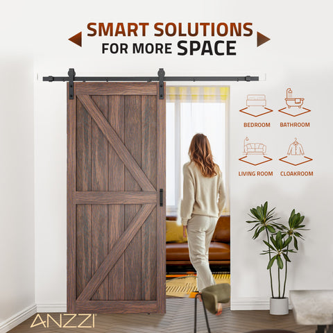 ID-AZBD03 - ANZZI ANZZI Heavy Duty Sturdy Sliding Barn Door - 36x84'' Brown Sliding Wood Single Slide Door - Solid Core MDF + PVC - Knockdown Design - Barn Doors and Hardware Included - Space-Saving Solution