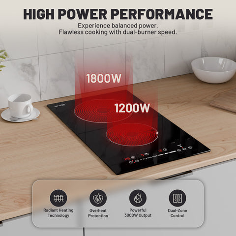 Twilight Series 12 in. 2 Elements Glass Top Radiant Electric Cooktop in Black with 1800W, Auto-Off, and Heat Indicator