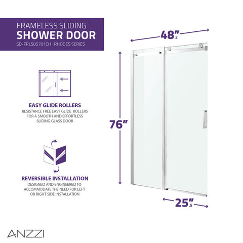 ANZZI Rhodes Series 48 in. x 76 in. Frameless Sliding Shower Door with Handle