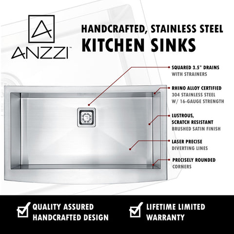 ANZZI Elysian Farmhouse Stainless Steel 32 in. 0-Hole Single Bowl Kitchen Sink in Brushed Satin