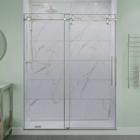 ANZZI 60" x 76" Frameless Sliding Shower Door, 3/8" TSUNAMI GUARD Glass, Exposed Rollers and RHINO ALLOY Hardware, Brushed Nickel