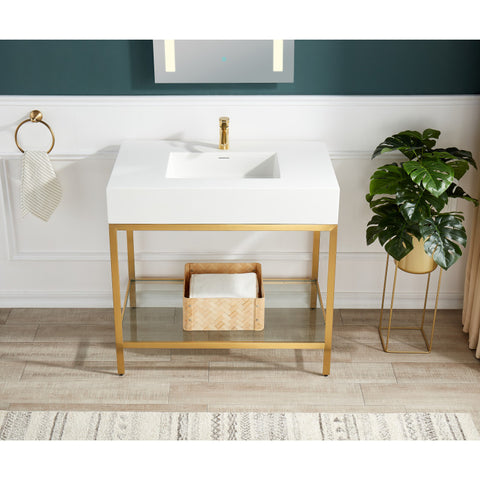 CS-FGC001-BG - ANZZI Ventura 36 in. Console Sink in Brushed Gold with Matte White Counter Top