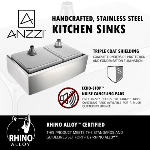 ANZZI ELYSIAN Series 36 in. Farm House 40/60 Dual Basin Handmade Stainless Steel Kitchen Sink