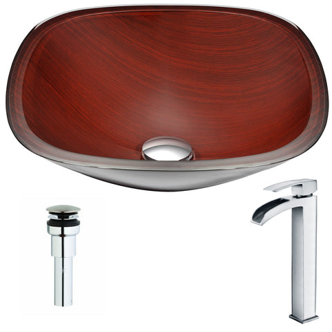 LSAZ066-097 - ANZZI Cansa Series Deco-Glass Vessel Sink in Rich Timber with Key Faucet in Polished Chrome