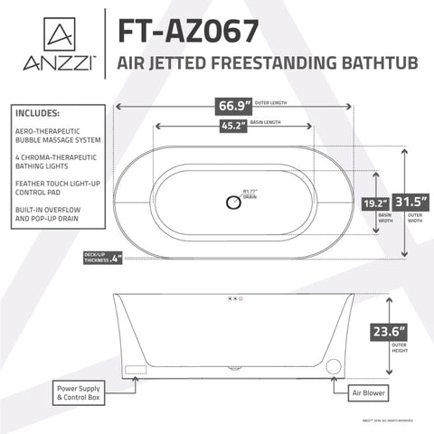 ANZZI Jericho Series 67" Air Jetted Freestanding Acrylic Bathtub in White