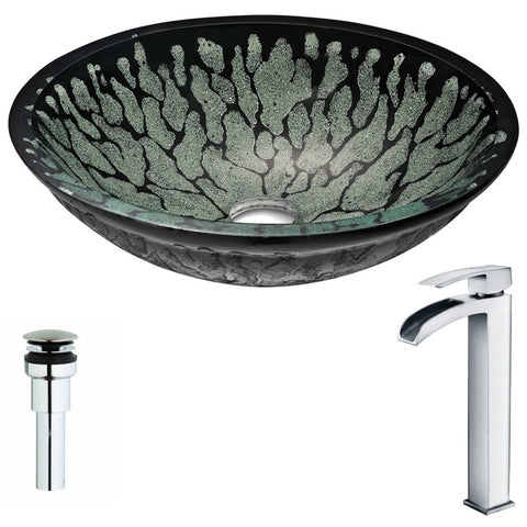 LSAZ043-097 - ANZZI Bravo Series Deco-Glass Vessel Sink in Lustrous Black with Key Faucet in Polished Chrome