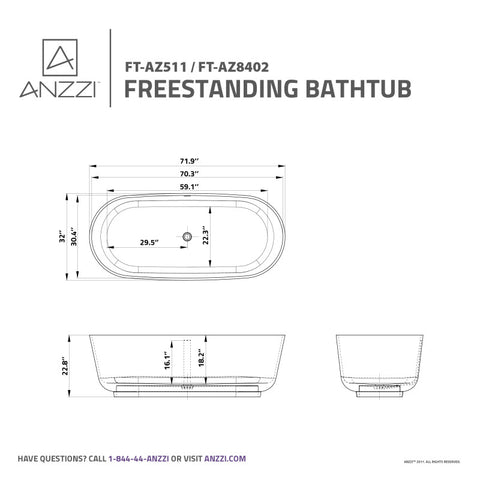 ANZZI Sabbia 5.9 ft. Solid Surface Center Drain Freestanding Bathtub in Matte White