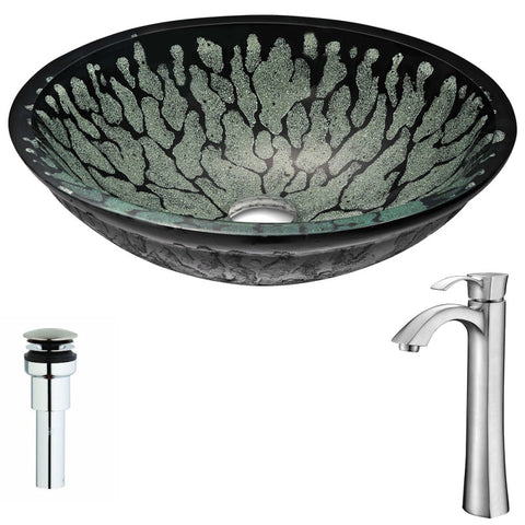 LSAZ043-095B - ANZZI Bravo Series Deco-Glass Vessel Sink in Lustrous Black with Harmony Faucet in Brushed Nickel